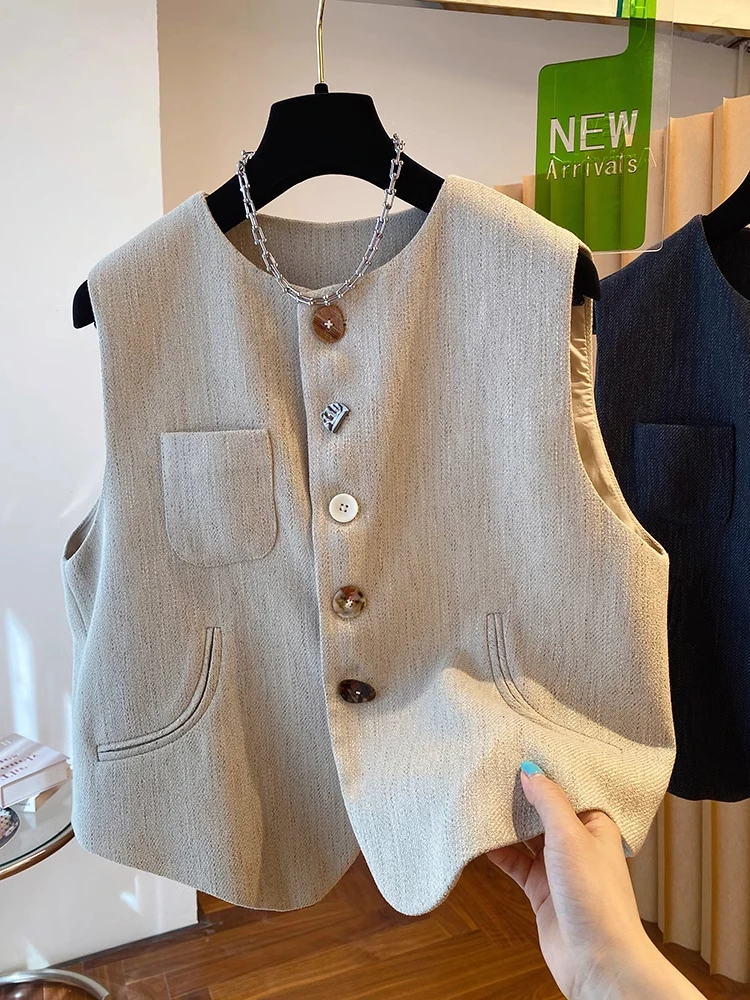 

Retro Cotton and Linen Suit Vest Round Neck Sleeveless Short Women's Waistcoat Spring Autumn Chic Buttons Coat
