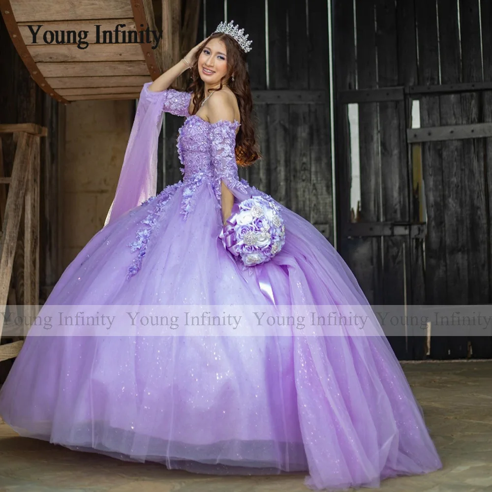 Vestido De quinceañera brillante, corsé con hombros descubiertos, apliques De cuentas De cristal, encaje, 15 Años, Young Infinity Lavender