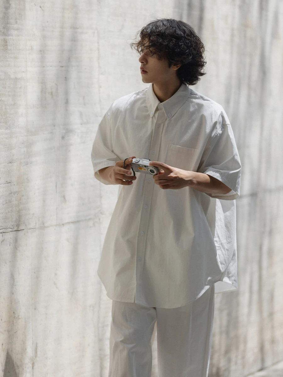 

NOEARS Japanese Sle Retro Casual White ort Sve irt y Daily Patch ket Layered Wear Summer Breathable Thin Co...