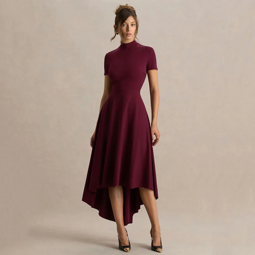 

Customized Party Dress Asymmetrical High Collar A Line Simple Prom Gowns for Women High-Low Short Sleeves Cocktail Dresses 2026