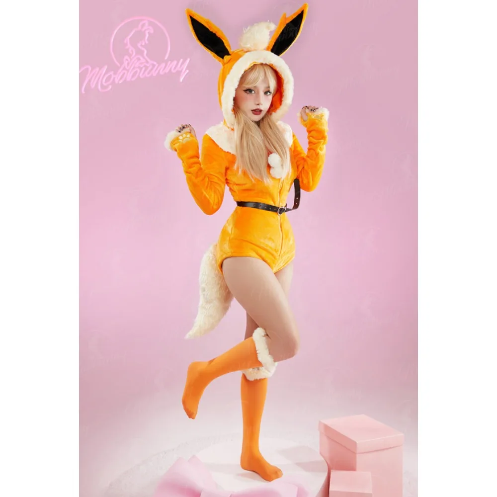 Mobbunny PM Derivative Women's Lingerie Bodysuit Plush Hooded Romper and Socks with Belt and Tail Cosplay Costume