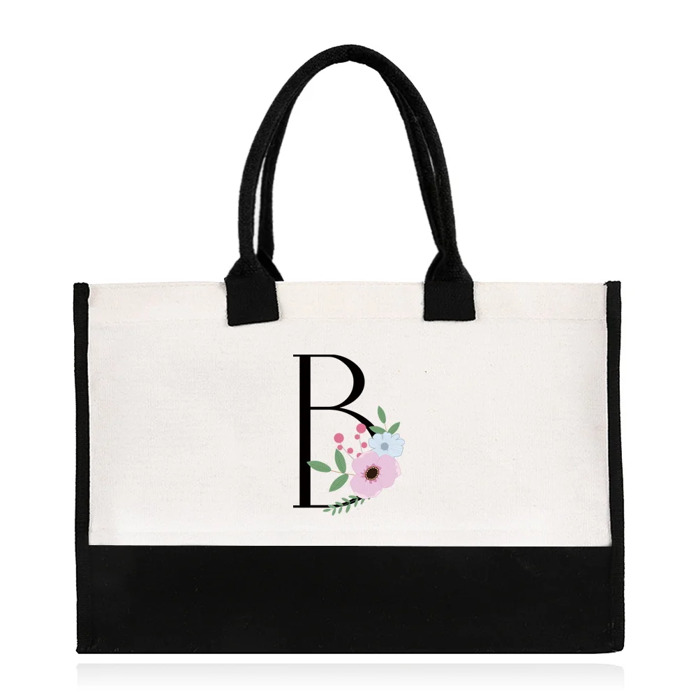 Bolsas para mujer Bolsa de yute reutilizable Compras Bolsa de mano impermeable de alta calidad Tienda ideal Picnics en la playa Estampado de flores y negro