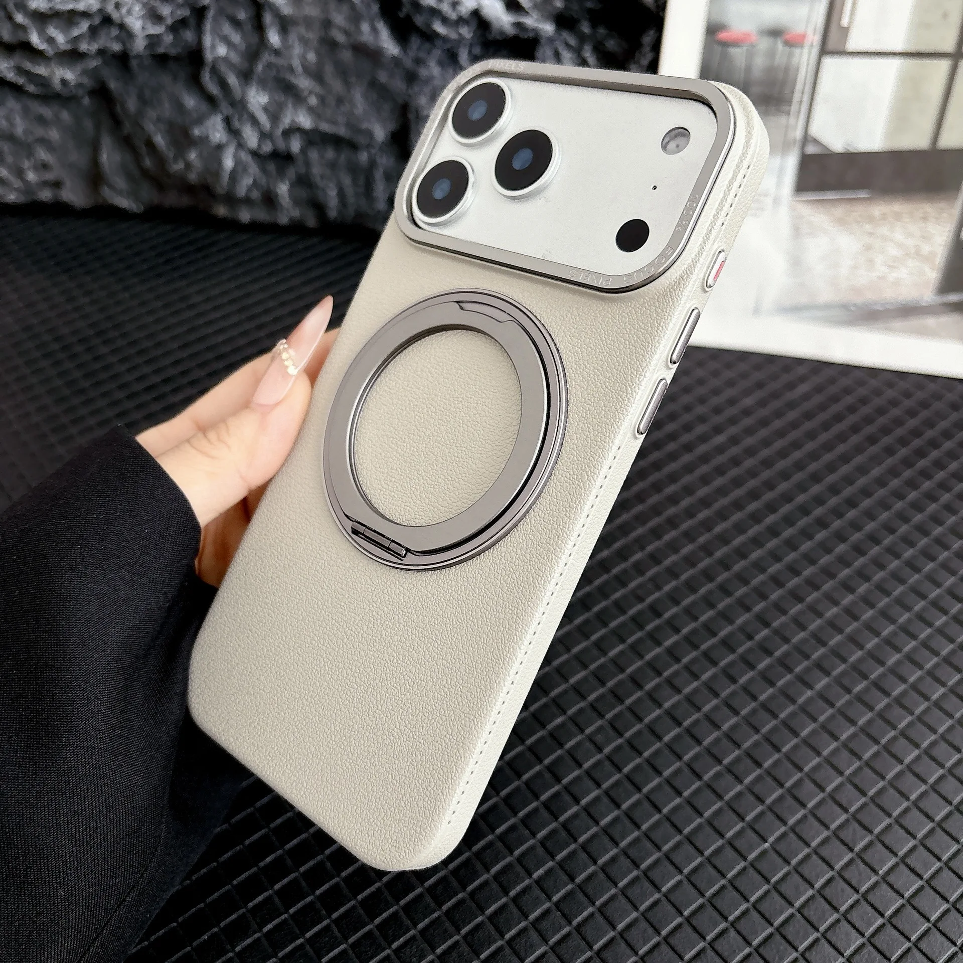 

case for 17 16 15 14 13 12 pro max Rotating bracket magnetic Protective Case Lychee pattern tough shell With Holder Shock Proof