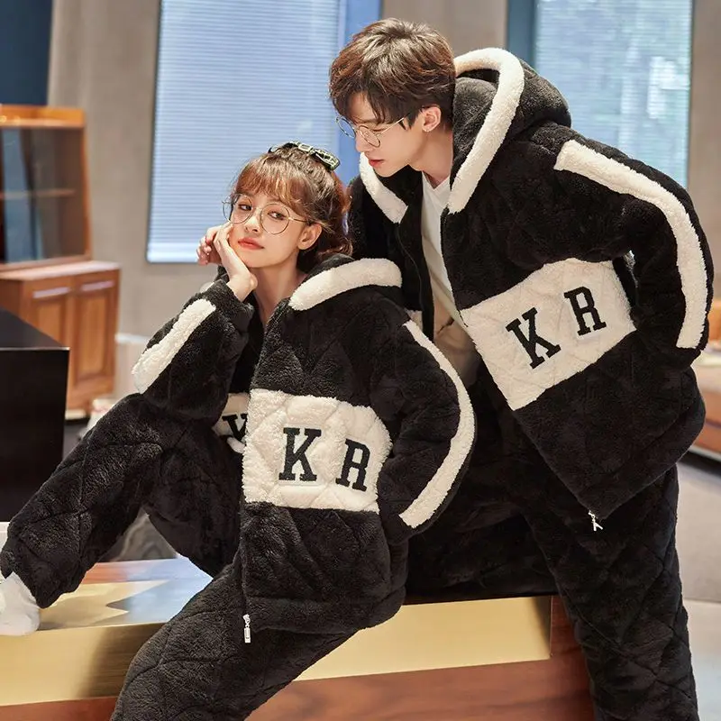 

Couple Pajamas Ms. Wintertime Three Layers of Cotton Coral Fleece Thickening and Fleecing Gentleman Warm Loungewear Set Pijamas
