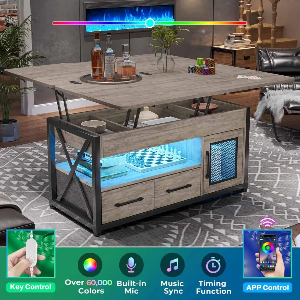 40 Couchtisch mit Hubplatte, 4-in-1-Couchtische mit Aufbewahrungsschrank für das Wohnzimmer, kleiner Bauernhaus-Couchtisch mit 2 F