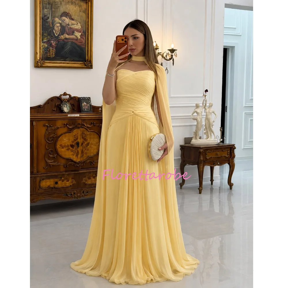 

Customized Yellow Chiffon Evening Dresses for Events Halter Cap Sleeve Pleated Women's Dress A-Line Simple Prom Dress