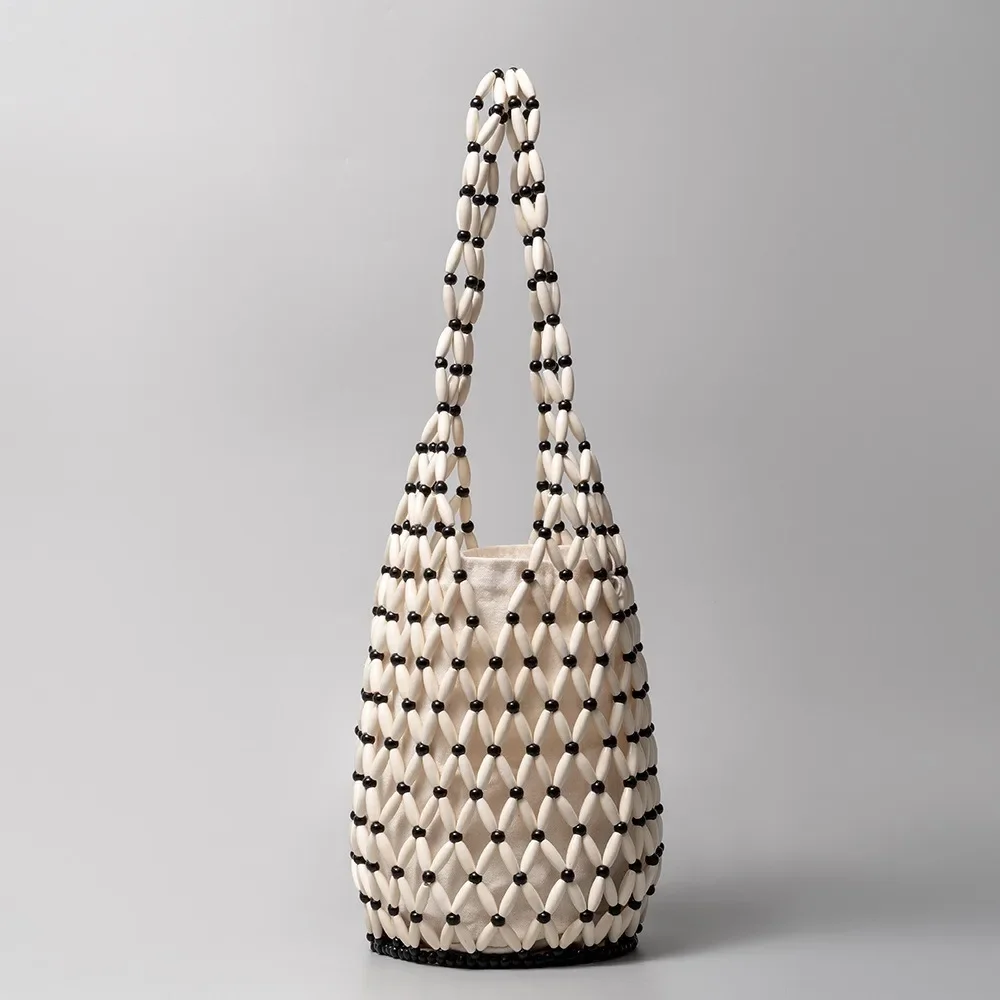 

Woven Bag Exquisite Design Hollow-out Wooden Bead Tote Bucket Shoulder Bag Female Summer Beach Handbag сумка мягкая пушистая