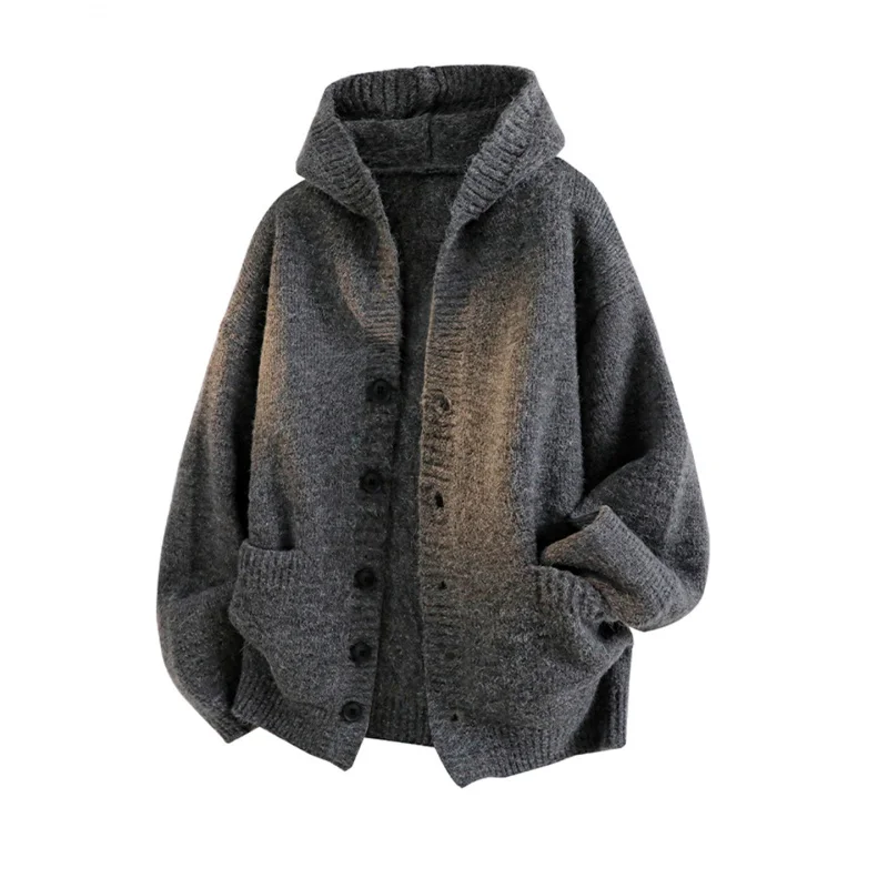 

Europe and America Hooded Cardigan Knitted Sweater Men's Autumn Winter Coat Seahorse Wool Lazy Loose Knitwear