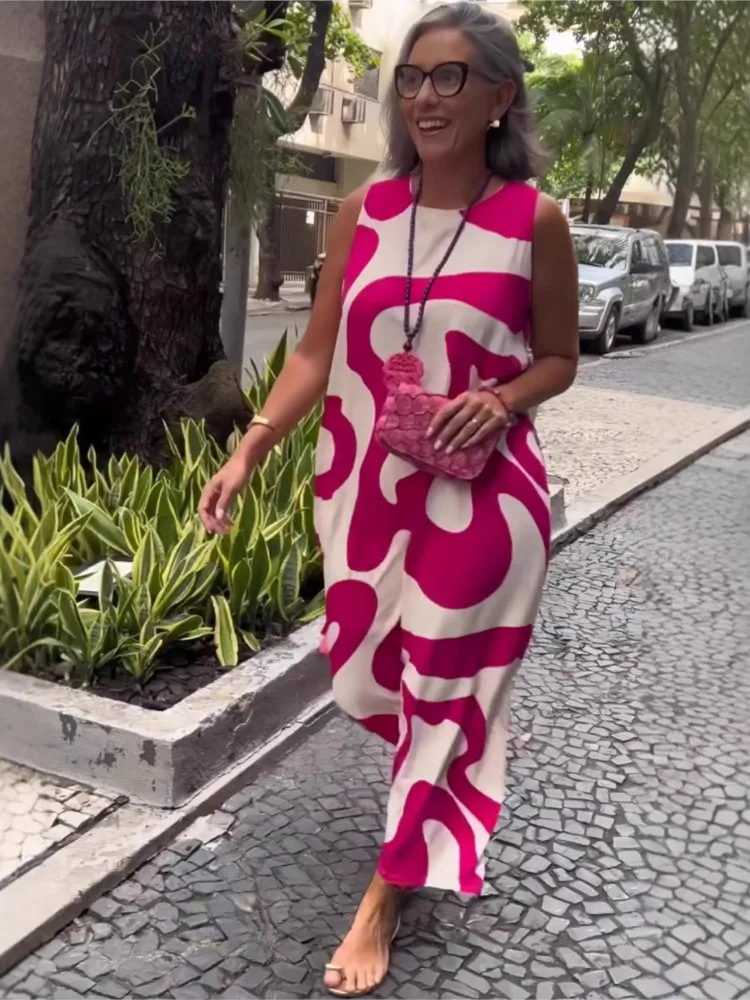 Abito estivo con stampa Boho Lady Fashion senza maniche o collo pullover abiti larghi per le donne abbigliamento casual da donna per le vacanze Nuovo 2025