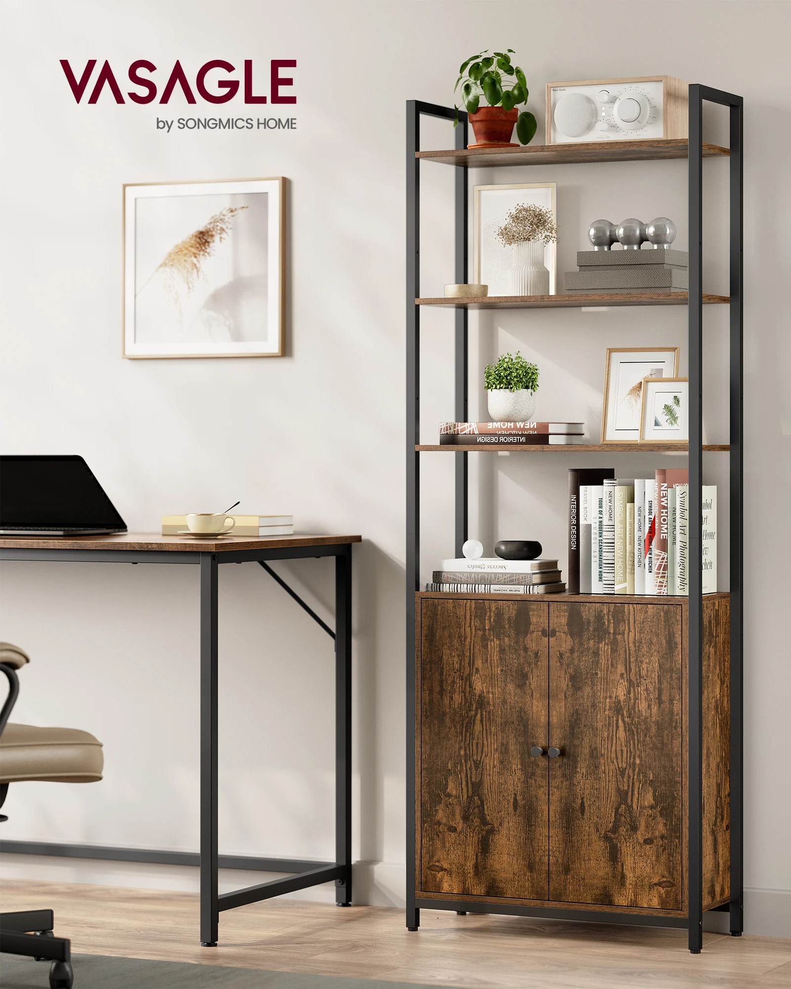 VASAGLE 6-Tier Bookshelf, Tall Bookcase with Door, Steel Frame, Adjustable Shelves, 9.4 x 23.6 x 62.8 Inches, Living Room