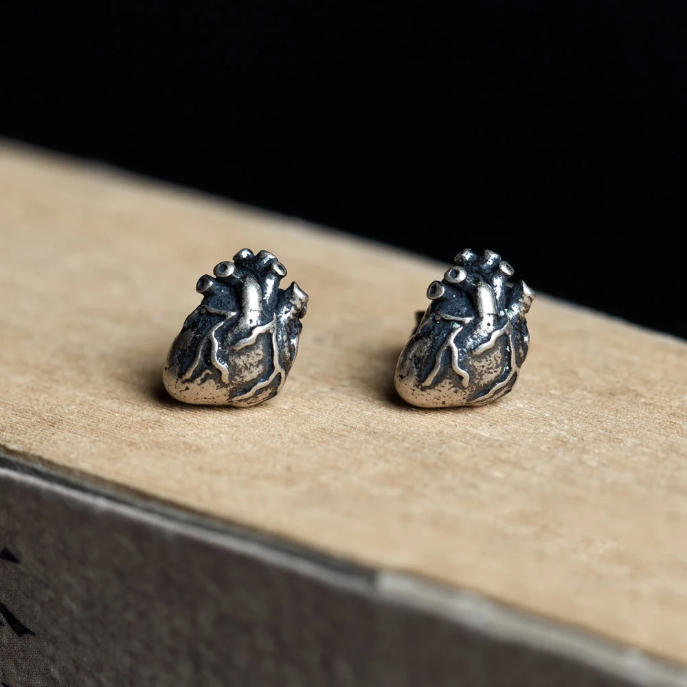 YIZIZAI Punk Retro Style Anatomical Human Heart Stud Earrings 100% 925 Sterling Silver Heart Beat Earring Men Women Jewelry Gift