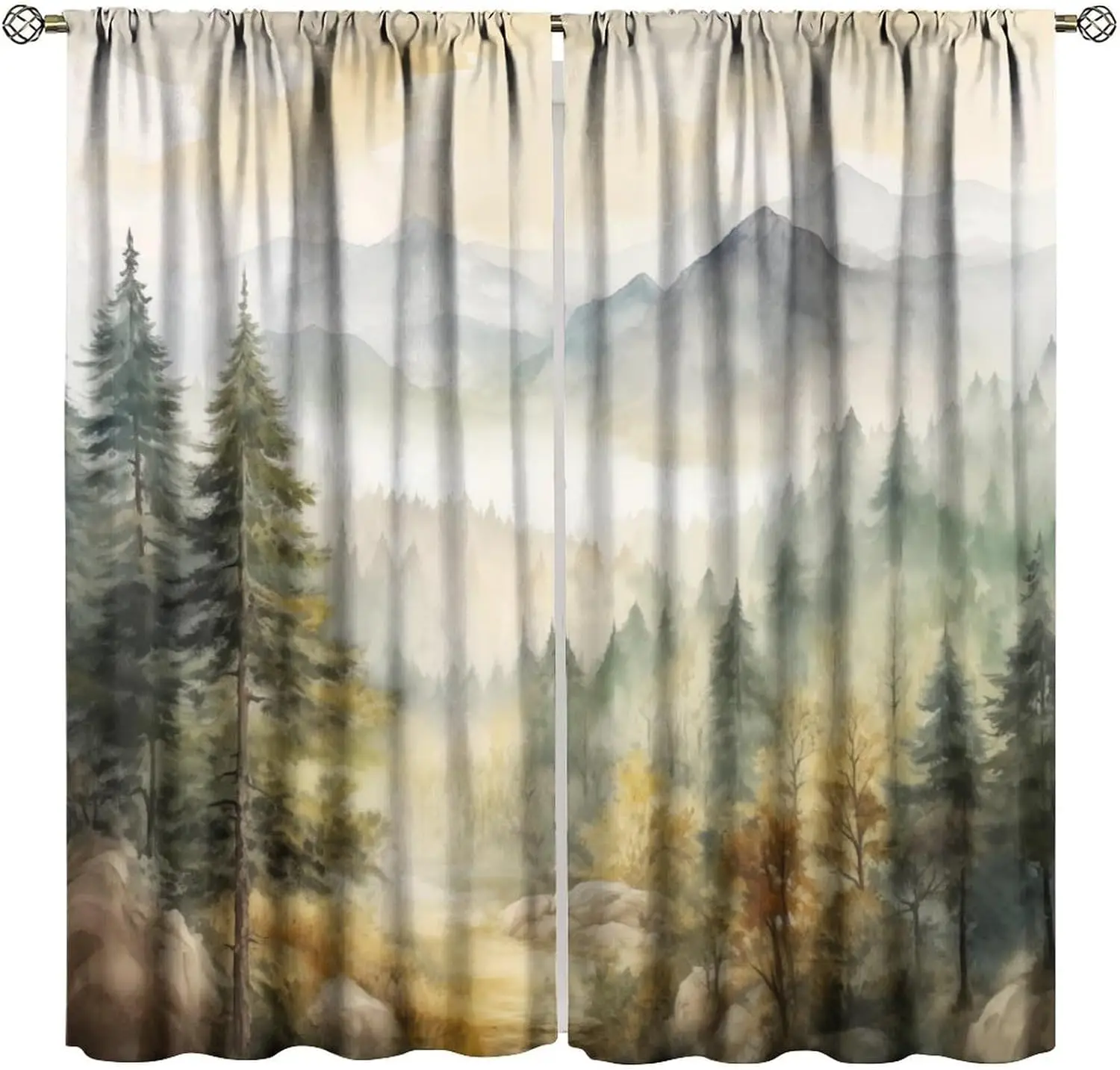 Forest Blackout Curtain for Office, Watercolor Mountain Forest Nature Tree Woodland Home Window Treatments 2 Panels Drapes