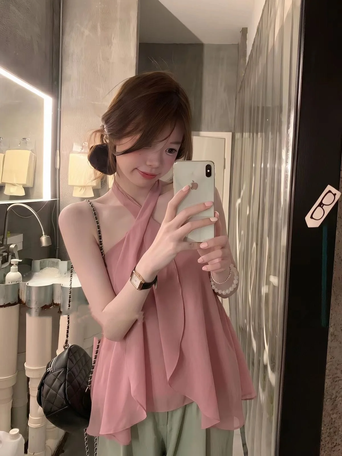 Atmospheric Pink Cross-Back Vest Women's Summer Sexy Bare Back Loose Slimming Shoulder Baring Strap Top Comfortable Commute S...