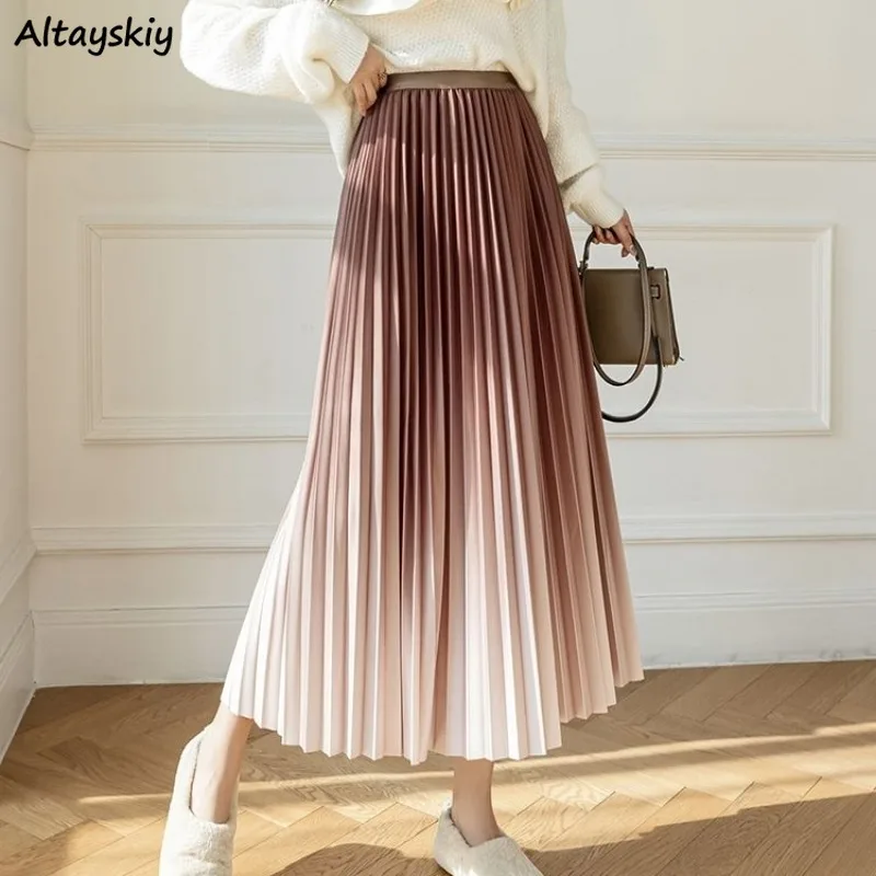 

Pleated Skirts for Women High Waist Loose Summer Mid-calf Gradient Design Chic Middle Age Thin Prevalent Holiday Clothing A-line