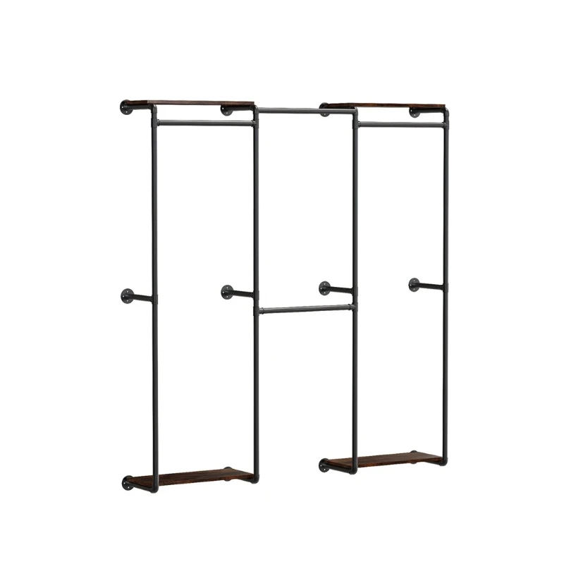 

Pipe Clothing Rack Wall Mounted Clothes Hanging Rail with Storage Shelves