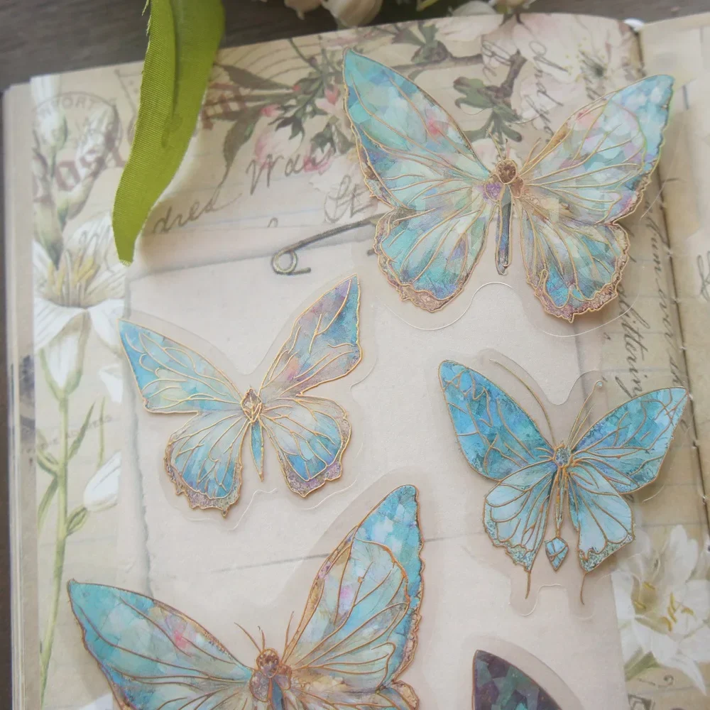 

18pcs Gold Blue Pink Gray White Gradient Gemstone Butterfly Style PVC Sticker Scrapbooking DIY Gift Packing Label Decoration Tag