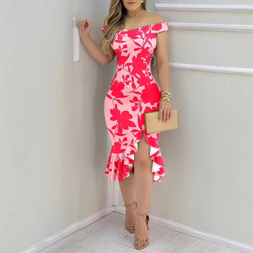 Abito da donna a fiori Abito aderente con spalle scoperte con stampa floreale Abito slim fit con orlo arricciato