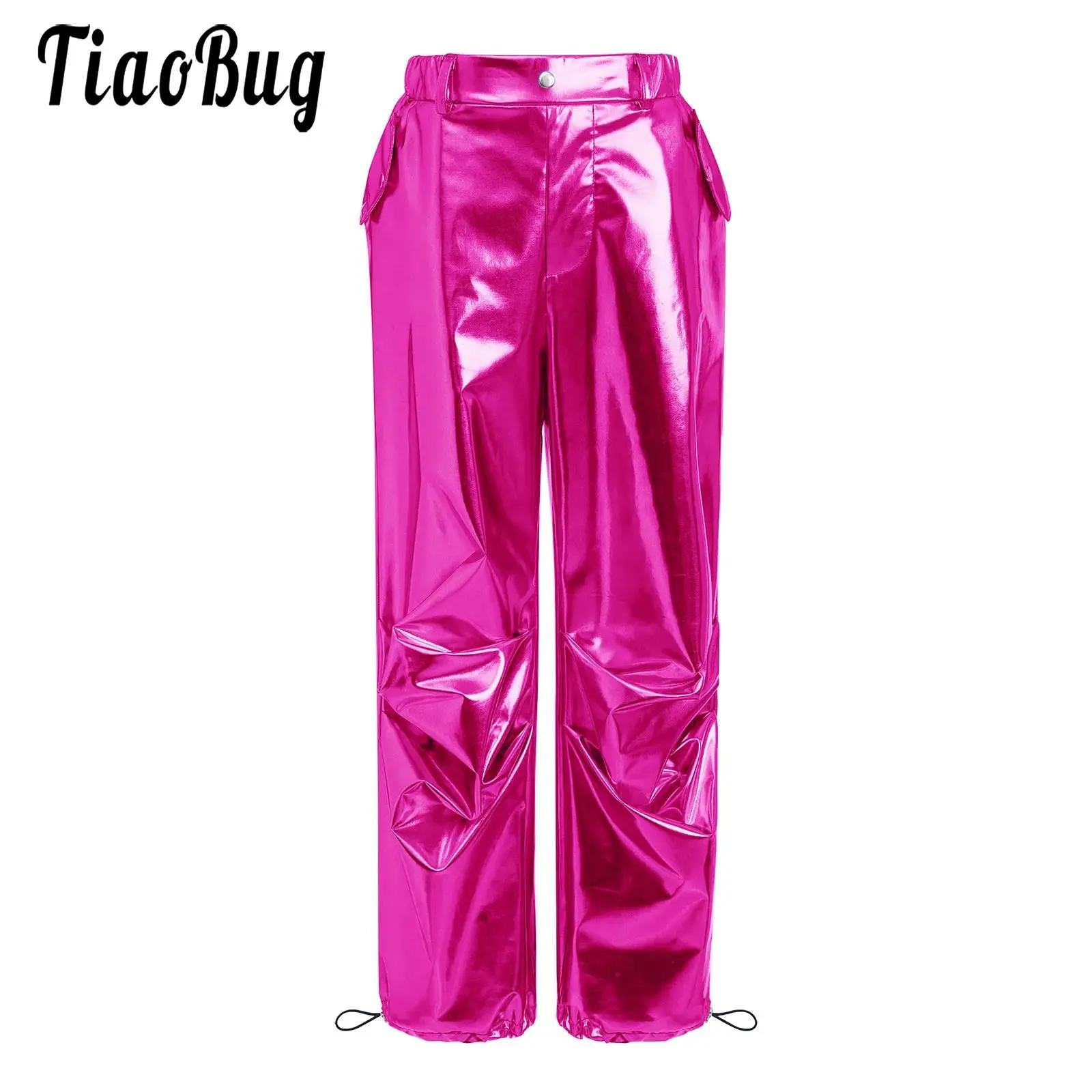 

Kids Girls Jazz Modern Dance Costumes Metallic Ruched Cargo Pants Wide Leg Trousers with Pockets for Hip-Hop Stage Performance