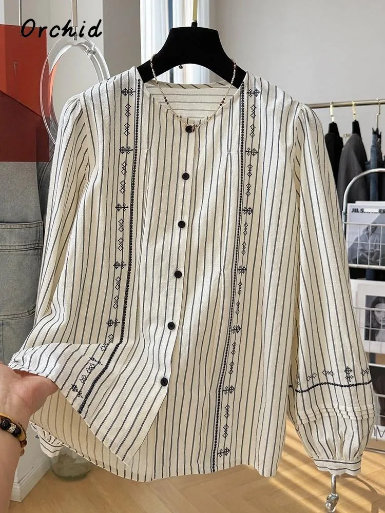 Style japonais col rond à manches longues rayé rétro Blouses 2025 hiver femmes Vintage décontracté simple boutonnage basiques chemises haut