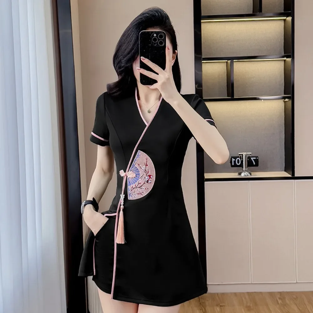 طقم شيونغسام عتيق بدلة تشيباو أنيقة مكونة من قطعتين ملابس نسائية نمط عرقي ملابس خروج عصرية ملابس نسائية