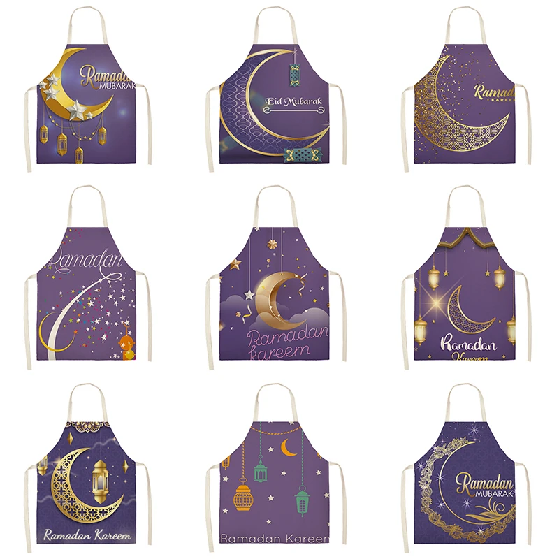 Cotton Linen Kitchen Apron for Women, Purple Eid Mubarak Print, Home Cooking, Baking Bib, Muslim Ramadan Kareem, Star Crescent