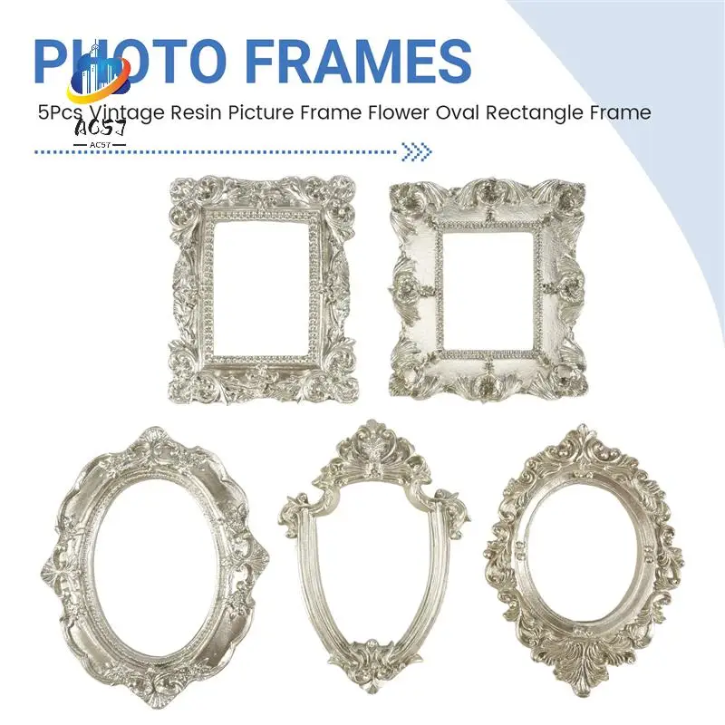 

AC57-5Pcs Vintage Resin Picture Frame Flower Oval Rectangle Frame, Tabletop Jewelry Display Frame For Photography Home Decor