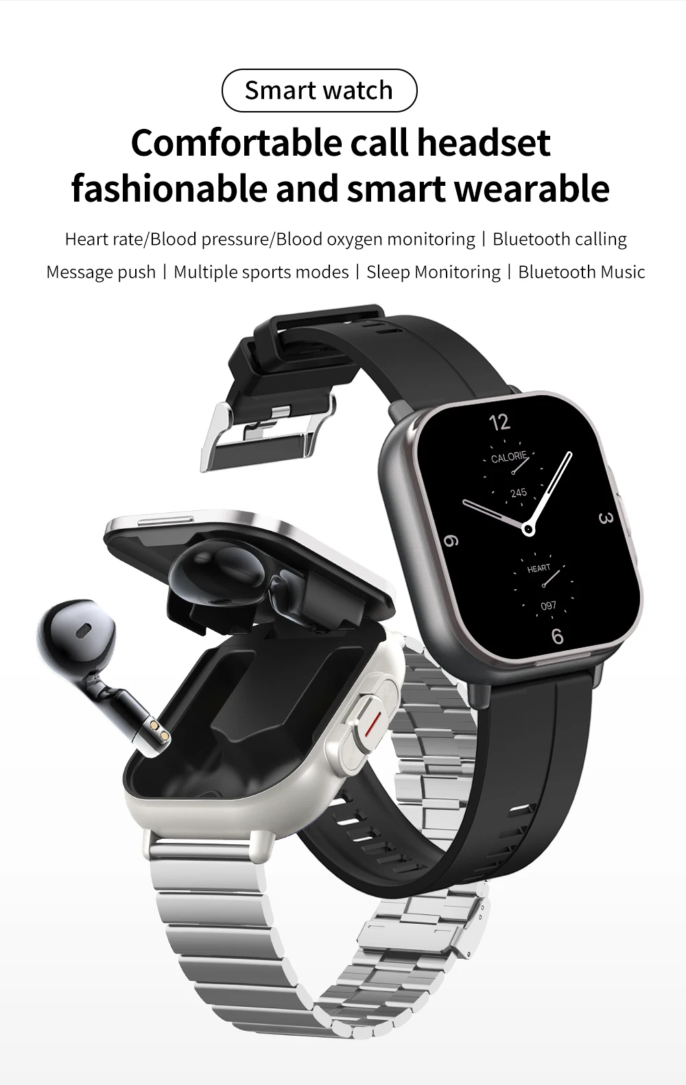 2-in-1 TWS Earbuds Smartwatch with BT Calling, Heart Rate Monitor, Sport Fitness Tracker, Wireless Headphones Watch