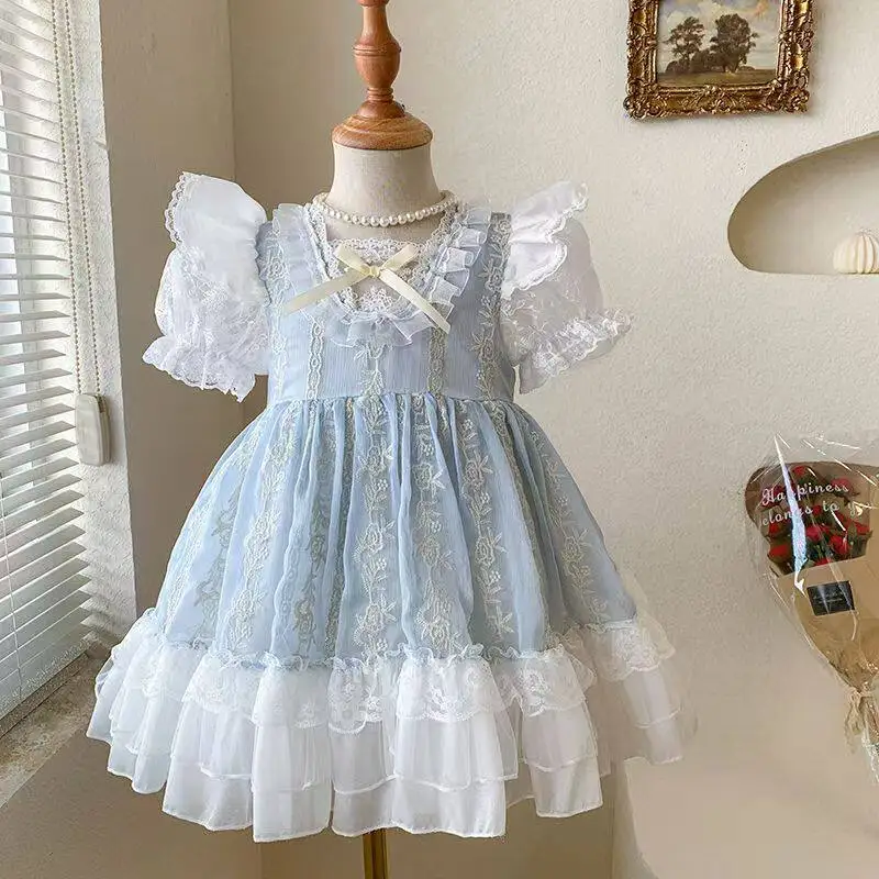 Girls' Princess Dresses 2026 Summer New Lace Splicing Flower Embroidery Party Dress Elegant A-line Ball Gowns 2-7Years Old