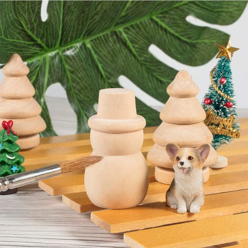 5PCS Wooden Peg Dolls Christmas Unpainted Tree Snowman Montessori Toys For Kids Party Favors Graffiti Drawing Supplies