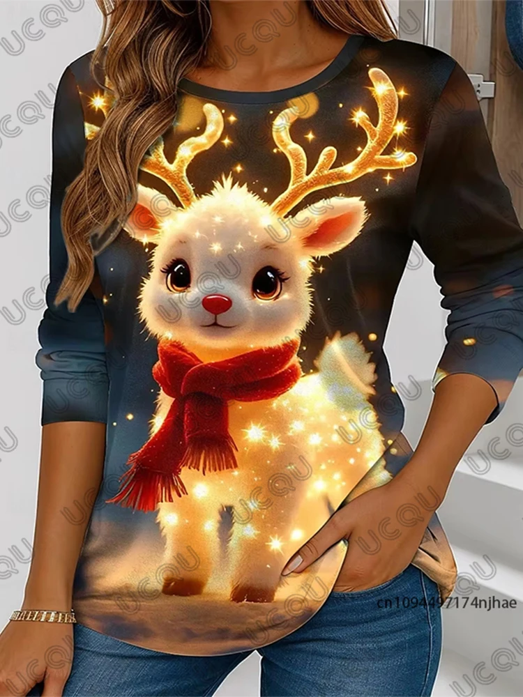 Weihnachten Niedlichen Tier Elch 3D Druck Langarm T-shirt Für Frauen Frühling Herbst Outdoor Festival Tees Casual Übergroßen Tops