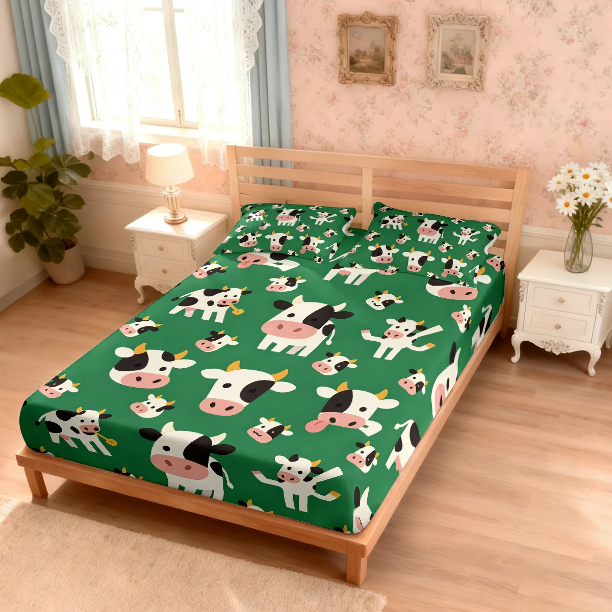 3pcs Cartoon Cow Print Coreless Bed Sheet Set, Multi Size Soft Bed Cover, Bedroom Bedding Decoration, Washable