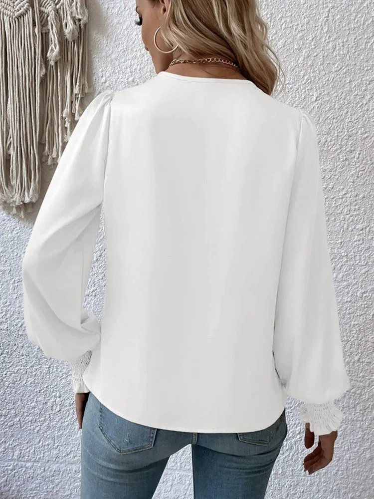 Chemise plissée à col en V croisé simple pour femme, printemps et été, document solide, rétro, lanterne, manches longues, femme, blanc, chemise de