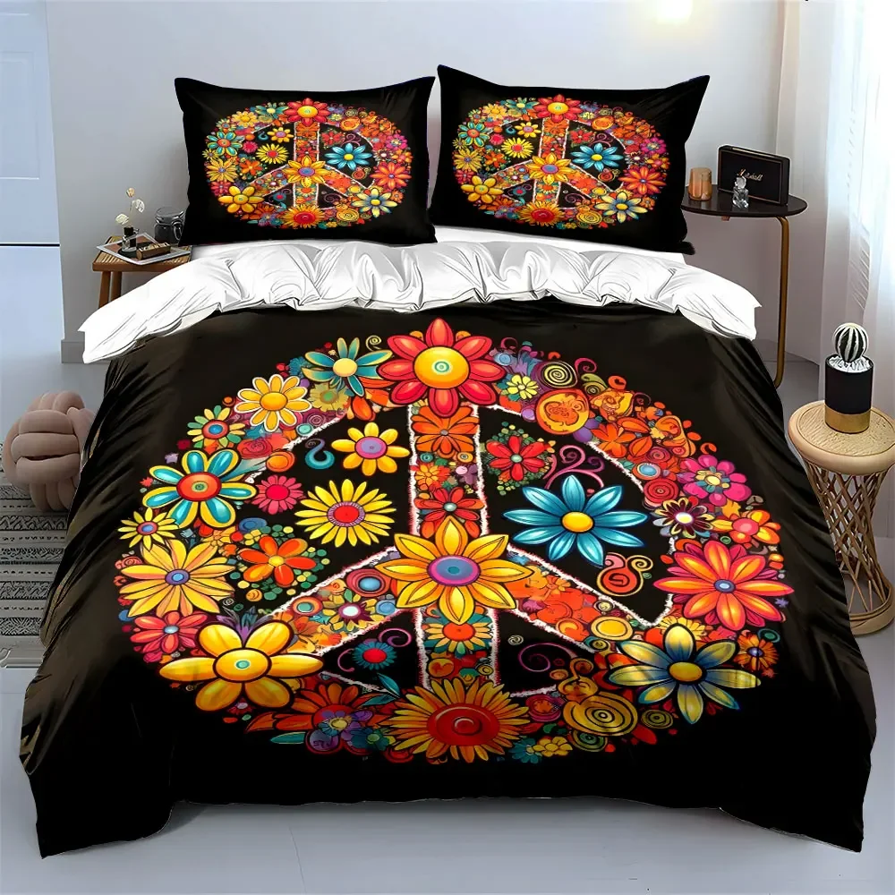 Flower Peace Symbol Decor Set Bedding Set with 1 Duvet Cover 2 Pillowcases Single Double King Queen, Gift