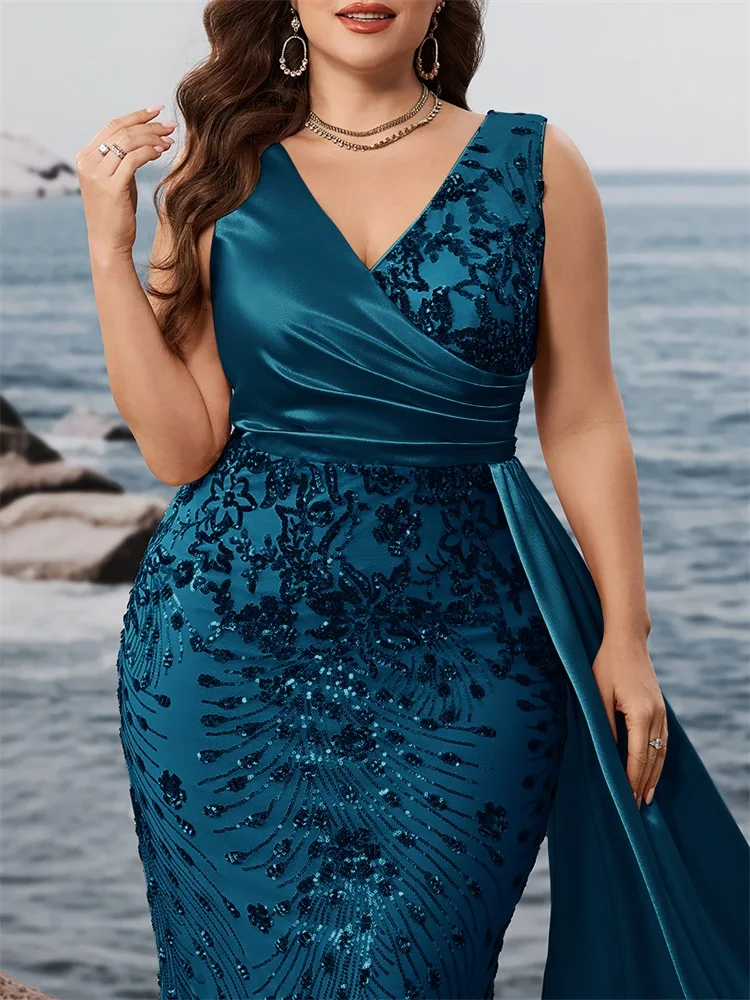 Lucyinlove Plus Size Elegant V-neck Splice Sequins Evening Dress Sleeveless Mermaid Formal Luxury Party Streamer Cocktail Gown image 6