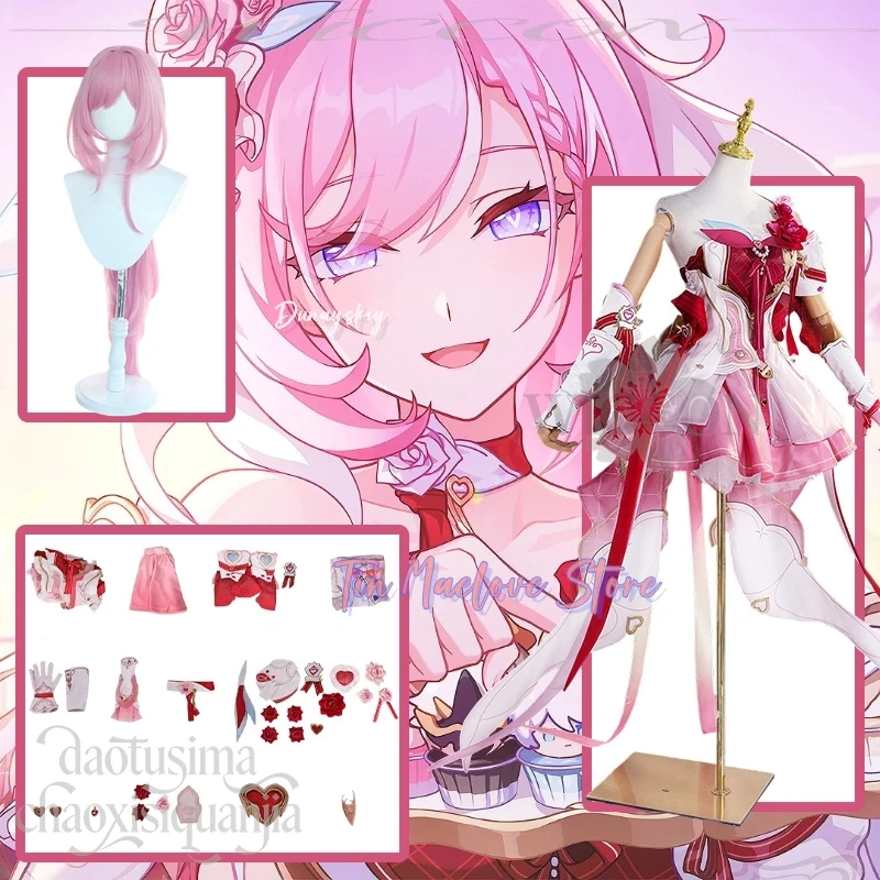 

Elysia Косплей Аниме Игра Honkai Impact 3 코스프레 의상 Розовое Милое свадебное платье Цветочное сердце Реквизит Парики Прекрасная Лолита Хэллоуин 코스프레