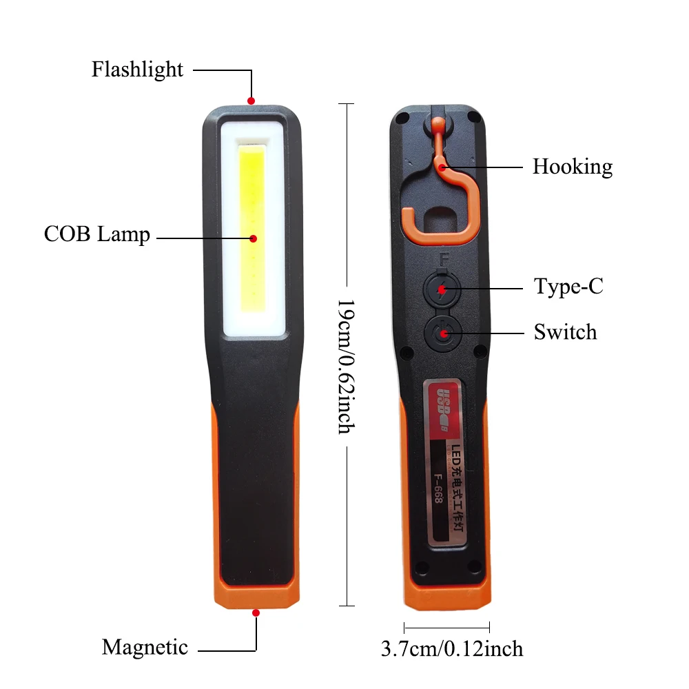 Portable COB LED Working Light Type-C Car Garage Mechanic Lamp Charging Flashlight Magnetic Torch Emergency Light Warning Light