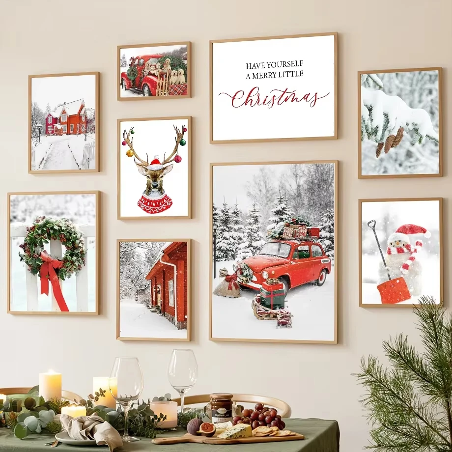 Red Car Dog Elk Christmas Tree Wall Art Canvas Painting - Living Room Holiday Home Decoration Poster Printing Wall Painting