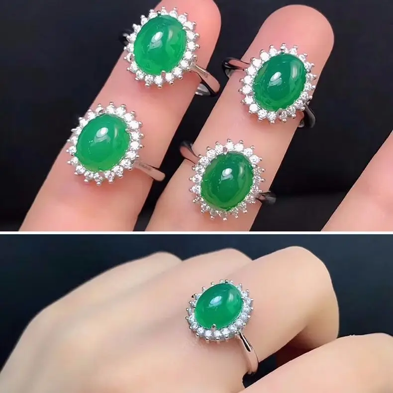 

Natural 100% real 925 sterling silver inlaid real green agate jade rings resizable jade rings for women men engagement gift