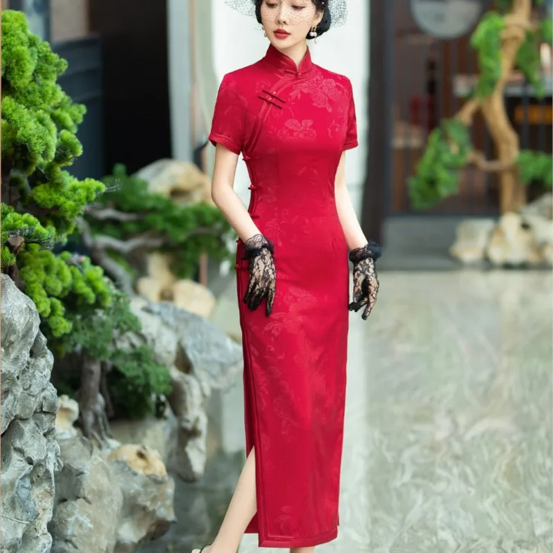 Women's long slim-fit silk cheongsam mid-length daily wear