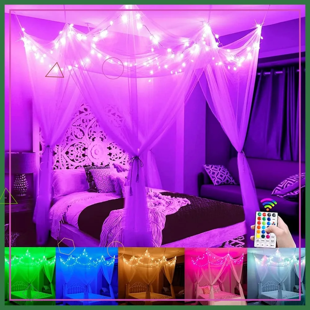 White Princess Bed Canopy with 100 LED Star Lights, Remote Control, Timer for Kids Room