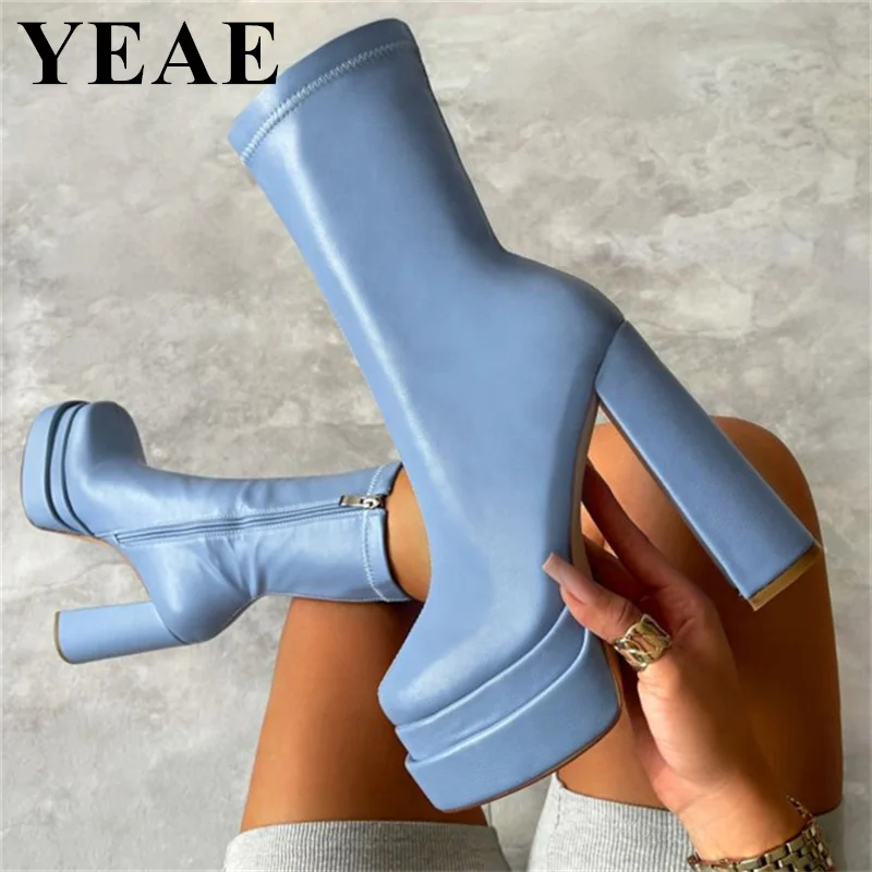 Spring Autumn Women Chunky Heel Ankle Boots Thick Sole Stretch Platform Boots Fashion High Heels Casual Shoes 2023 Plus Size 46