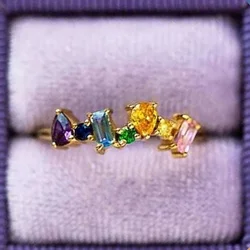 CAOSHI Geometric Shape Zirconia Ring for Wedding Ceremony Lady Aesthetic Rainbow Colored CZ Finger Accessories for Engagement