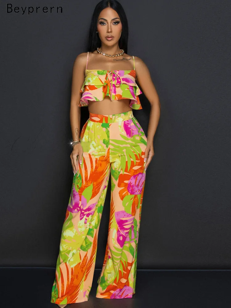 Beyprern Tropical Floral Print Contrast Spaghetti Strap Sleeveless Ruffle Hem Cami Tops ANd Wide Legs Pants Set Vacation Outfits