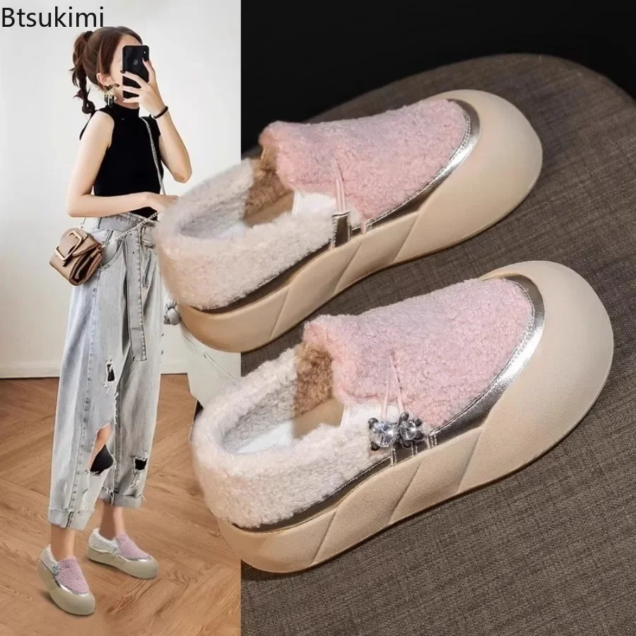 

New 2024 Wome's Cotton Flats Shoes Plush Thick Soled Suede Casual Females Shoes Mixed Colors Slip on Loafers Platform Lady Shoes