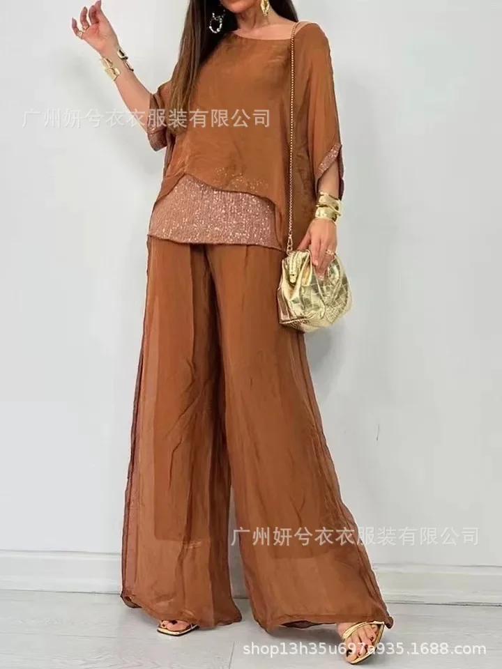 Spring Splicing Sequin Chiffon Set Women Casual Round Neck Top Pullover & Wide Leg Pants Suit Summer Batwing Sleeve Loose Outfit