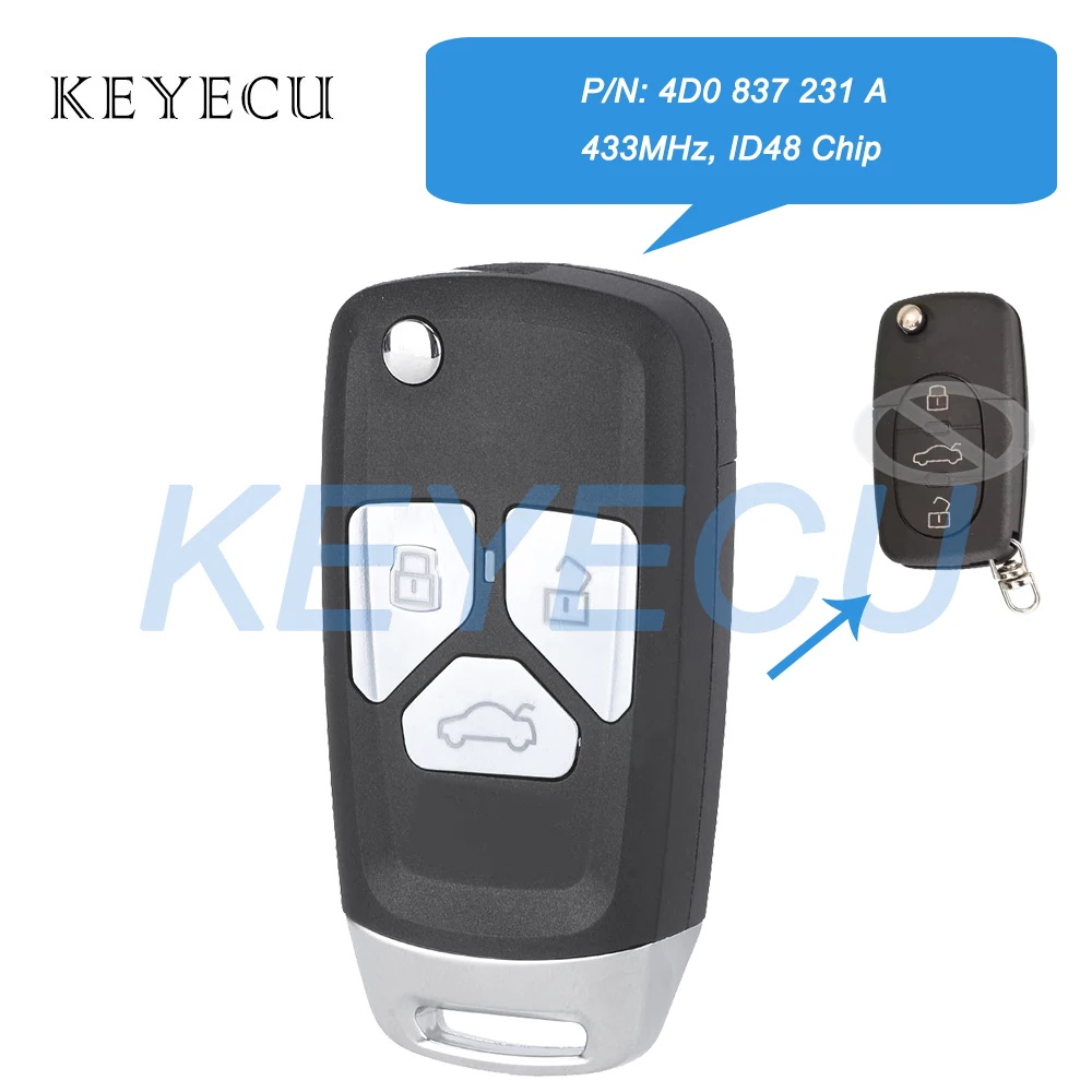 Keyecu 4D0837231A Upgraded Flip Remote key Fob 433MHz ID48 Chip for Audi A3 A4 1999 2000 2001 2002 4D0 837 231 A