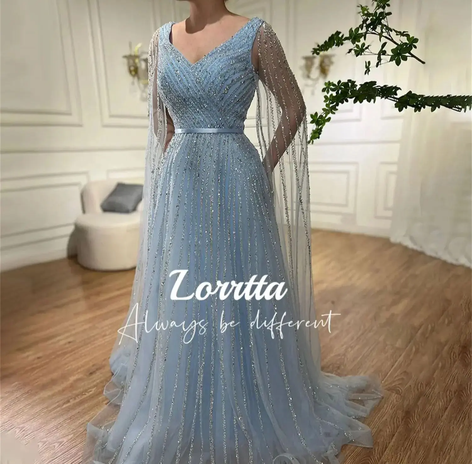 Lorrtta Line A Evening Dress Shiny Fabric Luxurious Ball Gown Shawl Formal V-neck for Special Occasions Prom Customized