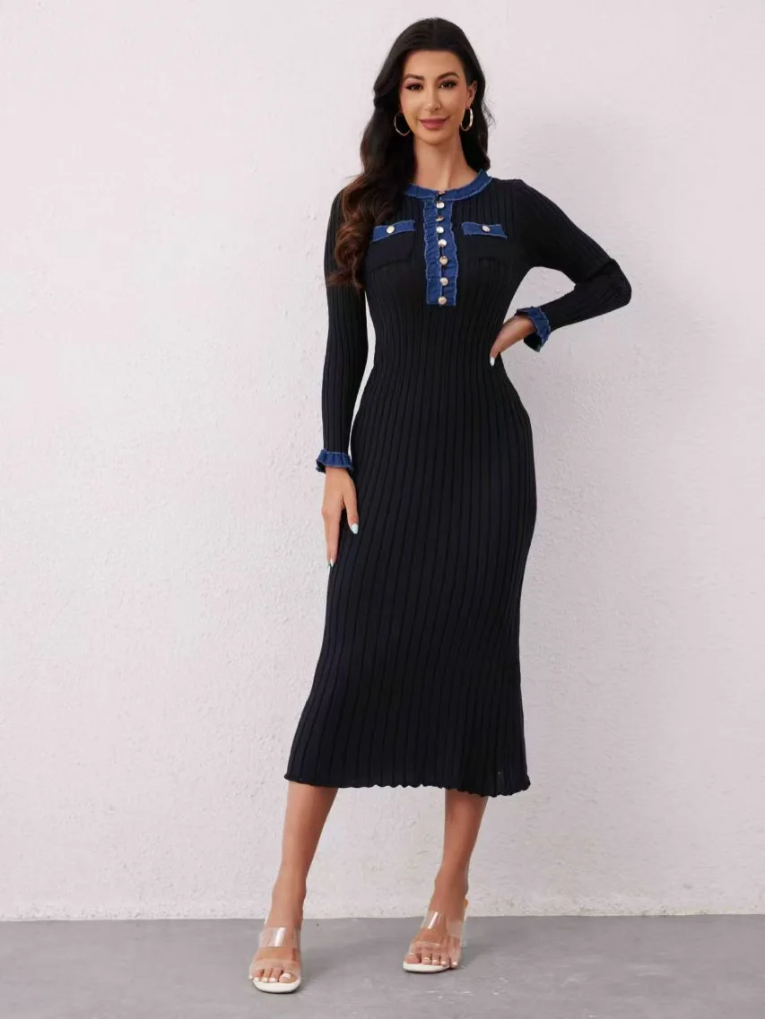 New Waist-Cinching Slim Fit Inner Wear Long Dr Knitted Sweater Dr High Waist A-Line Skirt Long Sve round Ne Dr