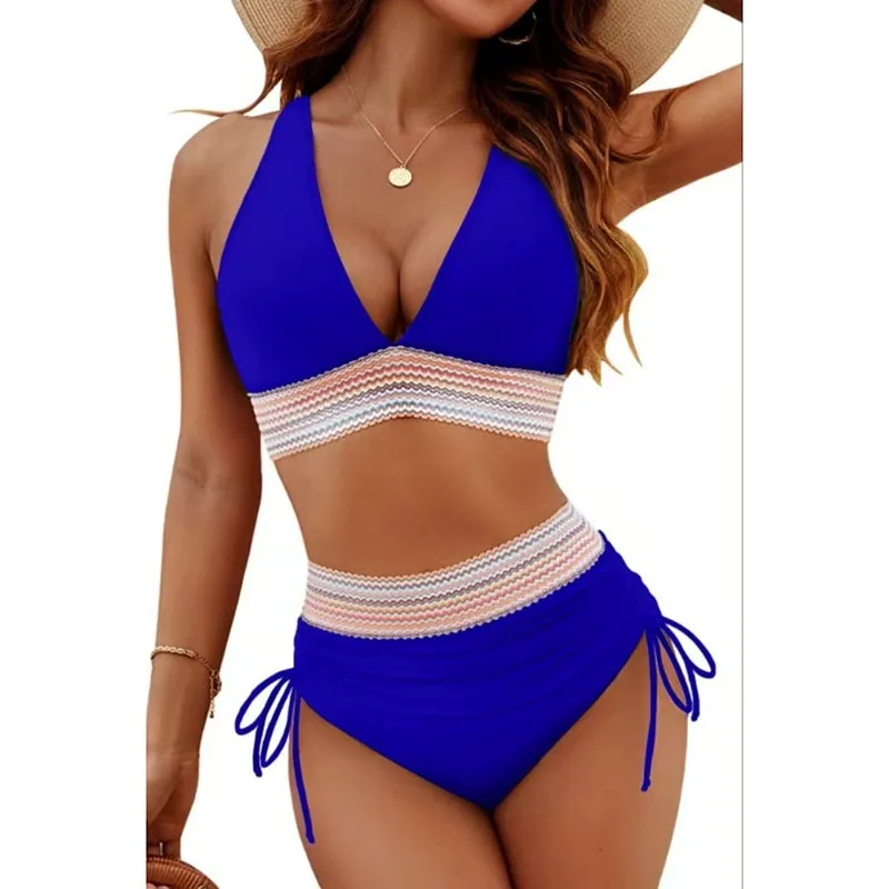 Sexy Deep V-Neck Bikini Swimsuit Set Women 2026 Summer Beach with Chest Cushion Swimwear High Waist Drawstring Triangle Bikini - view 6