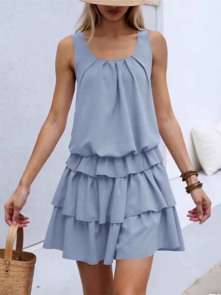 

Fashion Loose Mini Dress Women Summer 2026 Casual Solid Color Sleeveless Short Tank Dresses Elegant